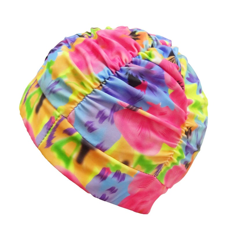 HONBAY Pleated Swimming Cap Long Hair Swim Cap Bathing Cap, Non-Waterproof (Pink Blue)